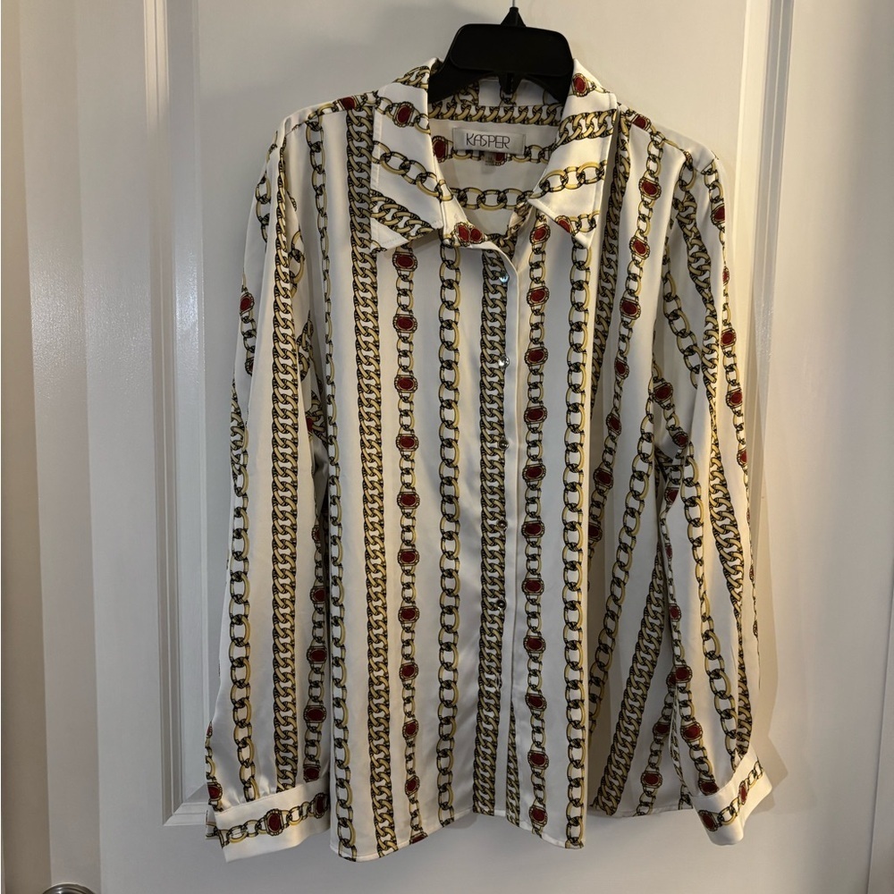 Kasper Woman’s White Chain-Print Button-Up Blouse Sz 14